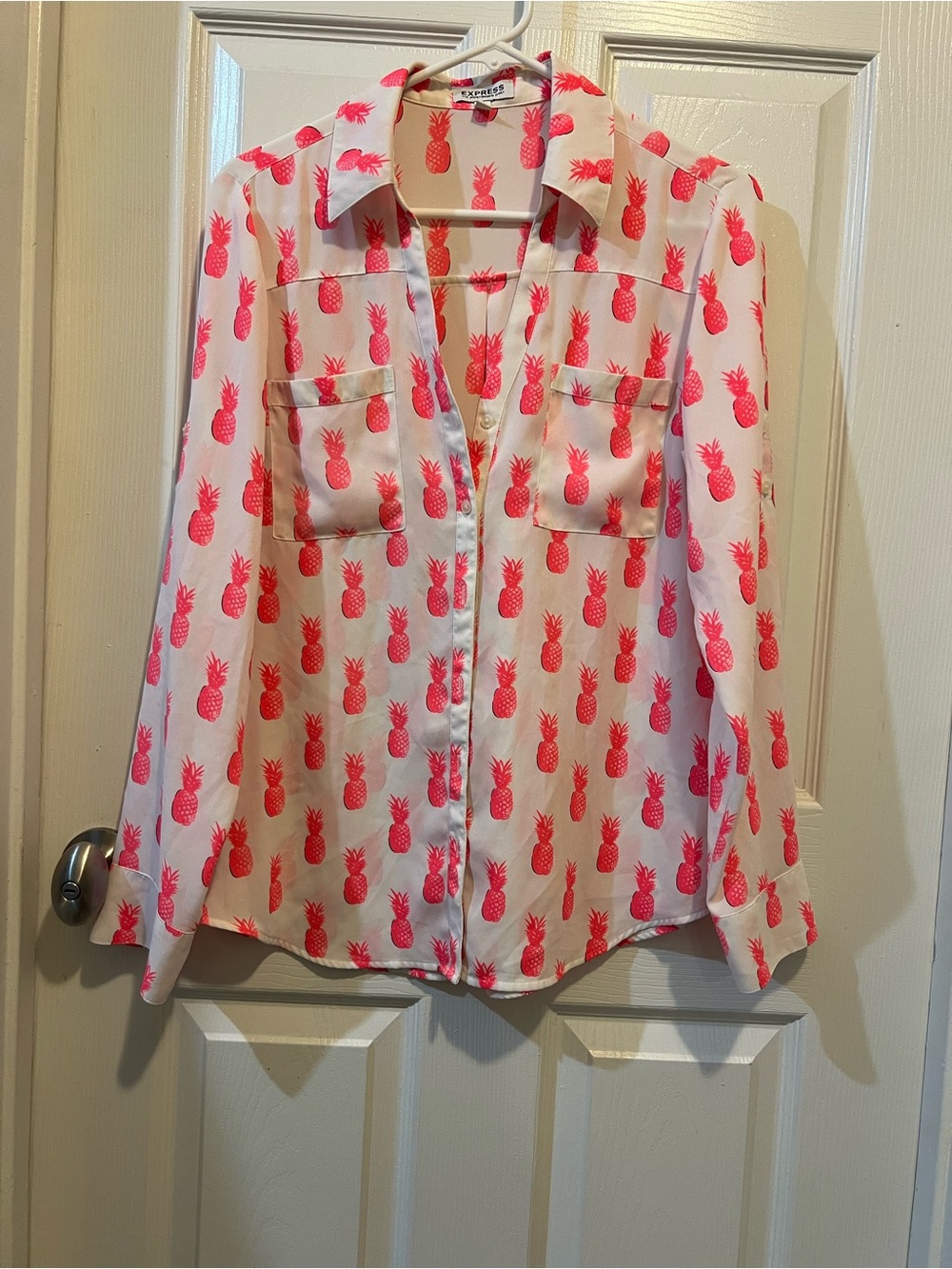 Express White Button-Front Shirt with Pink Pineapple Print